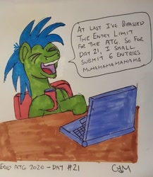 Size: 1574x1816 | Tagged: safe, artist:rapidsnap, oc, oc only, oc:rapidsnap, species:pony, equestria daily, newbie artist training grounds, computer, eyes closed, insanity, laptop computer, laughing, solo, traditional art
