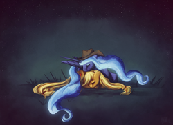Size: 1400x1011 | Tagged: safe, artist:cosmicunicorn, character:applejack, character:princess luna, ship:lunajack, accessory swap, clothing, cowboy hat, cuddling, eyes closed, hat, night, prone, shipping, snuggling, stetson