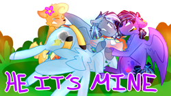 Size: 2560x1440 | Tagged: safe, artist:shinningblossom12, oc, oc only, oc:fairy glitter, oc:meadow waves, oc:rainbow ditz, oc:rosie, parent:rainbow dash, species:bat pony, species:deer, species:pony, angry, bat pony oc, bat wings, blushing, chest fluff, colored hooves, ear piercing, earring, female, flower, flower in hair, gay, jealous, jewelry, male, multicolored hair, next generation, not rainbow dash, open mouth, original species, piercing, rainbow hair, stallion, text, wings