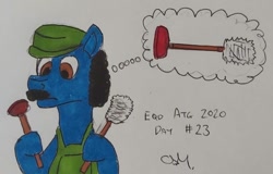 Size: 1081x694 | Tagged: safe, artist:rapidsnap, oc, oc only, clothing, facial hair, luigi, moustache, overalls, plumber, plunger, solo, toilet brush, traditional art