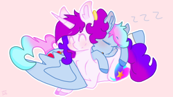 Size: 2560x1440 | Tagged: safe, artist:shinningblossom12, oc, oc only, oc:anasflow maggy, oc:shinning blossom, species:pegasus, species:pony, species:unicorn, abstract background, colored hooves, eyes closed, female, horn, lesbian, mare, onomatopoeia, pegasus oc, pink background, prone, simple background, sleeping, sound effects, unicorn oc, wings, zzz
