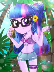 Size: 1800x2400 | Tagged: safe, artist:artmlpk, character:twilight sparkle, character:twilight sparkle (scitwi), species:eqg human, my little pony:equestria girls, adorable face, adorasexy, adorkable, alternate hairstyle, bare chest, bare shoulders, beach, beautiful, bikini, chest, clothing, cute, denim, denim shorts, dork, female, flower, flower in hair, food, ice cream, looking at you, ocean, palm tree, pigtails, plants, scrunchie, sexy, shorts, sleeveless, smiling, smiling at you, solo, summer, sunflower, swimsuit, tree, twiabetes, two piece swimsuit, water
