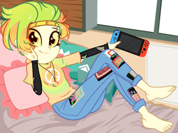 Size: 1182x884 | Tagged: safe, alternate version, artist:charliexe, artist:noreentheartist, artist:unichan, base used, oc, oc only, oc:marley lennon, my little pony:equestria girls, barefoot, bed, bedroom, blanket, clothing, commission, controller, ear piercing, earring, equestria girls-ified, eyebrow piercing, feet, female, headband, jeans, jewelry, joycon, multicolored hair, necklace, nintendo, nintendo switch, pants, peace symbol, piercing, pillow, shirt, solo, t-shirt, torn clothes, window, ych result