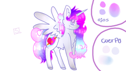Size: 2560x1440 | Tagged: safe, artist:shinningblossom12, oc, oc only, oc:anasflow maggy, oc:shinning blossom, species:alicorn, species:pony, alicorn oc, chest fluff, colored hooves, female, fusion, grin, horn, mare, multicolored hair, rainbow hair, reference sheet, simple background, smiling, spanish, white background, wings
