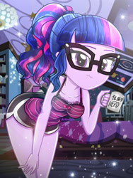 Size: 1800x2400 | Tagged: safe, artist:artmlpk, character:twilight sparkle, character:twilight sparkle (scitwi), species:eqg human, my little pony:equestria girls, adorable face, adorasexy, adorkable, adorkasexy, alternate hairstyle, bare shoulders, beautiful, bed, bedroom, breasts, busty sci-twi, busty twilight sparkle, clothing, cute, dork, female, gym shorts, hand on thigh, lidded eyes, looking at you, mug, multicolored hair, nerd, nightgown, outfit, pajamas, ponytail, pose, purple eyes, purple skin, sexy, shorts, side slit, sleeveless, smiling, smiling at you, solo, sparkles, stupid sexy sci-twi, tank top, thighs, tomboy, twiabetes, watermark