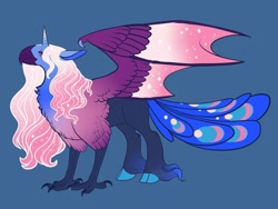 Size: 1024x768 | Tagged: safe, artist:loryska, oc, parent:princess luna, parent:queen novo, parents:lunovo, blue background, ethereal mane, hybrid, hybrid wings, interspecies offspring, magical lesbian spawn, offspring, simple background, solo, wings