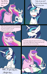 Size: 2400x3800 | Tagged: safe, artist:chelseawest, character:princess cadance, character:shining armor, species:alicorn, species:pony, species:unicorn, ship:shiningcadance, bags under eyes, beard, bedroom eyes, comic, couple, cute, dialogue, ethereal mane, eye contact, facial hair, female, grey hair, huge belly, husband and wife, hyper, hyper belly, hyper pregnancy, impossibly large belly, kicking, looking at each other, lying down, lying on the ground, male, married couple, married couples doing married things, multiple pregnancy, older, on top, pregdance, pregnant, shipping, sigh, signature, sitting, speech, speech bubble, straddling, straight, sweat, talking, worried