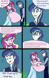 Size: 2400x3800 | Tagged: safe, alternate version, artist:chelseawest, character:princess cadance, character:shining armor, species:human, ship:shiningcadance, my little pony:equestria girls, bags under eyes, bedroom eyes, comic, couple, cute, dialogue, eye contact, female, grey hair, hand on belly, huge belly, husband and wife, hyper, hyper belly, hyper pregnancy, impossibly large belly, kicking, looking at each other, male, married couple, married couples doing married things, multiple pregnancy, older, pregdance, pregnant, pregnant equestria girls, shipping, sigh, signature, speech, speech bubble, straight, sweat, talking, worried