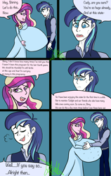 Size: 2400x3800 | Tagged: safe, alternate version, artist:chelseawest, character:princess cadance, character:shining armor, species:human, ship:shiningcadance, my little pony:equestria girls, bags under eyes, bedroom eyes, clothing, comic, couple, cute, dialogue, dress, eye contact, female, grey hair, hand on belly, huge belly, husband and wife, hyper, hyper belly, hyper pregnancy, impossibly large belly, kicking, looking at each other, male, married couple, married couples doing married things, maternity dress, multiple pregnancy, older, pregdance, pregnant, pregnant equestria girls, shipping, sigh, signature, speech, speech bubble, straight, sweat, talking, worried