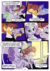 Size: 1024x1463 | Tagged: safe, artist:loryska, character:sweetie belle, oc, oc:clarabelle, parent:pipsqueak, parent:sweetie belle, parents:sweetiesqueak, species:pony, comic:friendship grows, comic, female, filly, magic, offspring, older