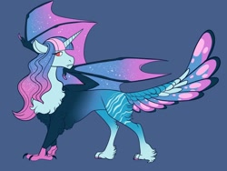 Size: 1024x768 | Tagged: safe, artist:loryska, oc, oc only, parent:discord, parent:princess celestia, parents:dislestia, blue background, ethereal mane, ethereal wings, hybrid, interspecies offspring, offspring, simple background, solo, wings