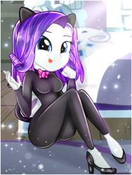 Size: 1800x2392 | Tagged: safe, artist:artmlpk, character:rarity, my little pony:equestria girls, adorable face, adorasexy, adorkable, alternate hairstyle, animal costume, beautiful, bow, bow tie, breasts, busty rarity, butt, cat costume, cat ears, cat tail, catsuit, clothing, costume, cute, digital art, dork, female, high heels, looking at you, outfit, raribetes, raricat, rearity, sexy, shoes, short hair, sitting, smiling, smiling at you, solo, suit, tongue out, watermark