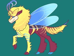 Size: 1024x768 | Tagged: safe, artist:loryska, oc, oc only, parent:thorax, bee, changeling hybrid, flash bee, green background, hybrid, interspecies offspring, offspring, simple background, solo