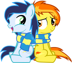 Size: 2436x2120 | Tagged: safe, artist:hank0, artist:veggie55, character:soarin', character:spitfire, species:pegasus, species:pony, ship:soarinfire, clothing, colt, female, filly, foal, high res, male, scarf, shared clothing, shared scarf, shipping, simple background, straight, transparent background, vector