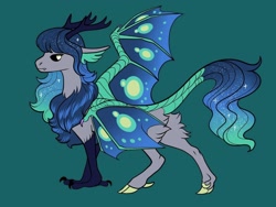 Size: 1024x768 | Tagged: safe, artist:loryska, oc, oc only, parent:cosmos, parents:canon x oc, ethereal mane, green background, hybrid, interspecies offspring, offspring, simple background, solo