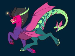 Size: 1024x768 | Tagged: safe, artist:loryska, oc, oc only, parent:cosmos, parent:discord, parents:coscord, species:draconequus, blue background, draconequus oc, fangs, green background, offspring, simple background, solo