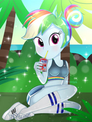Size: 1800x2400 | Tagged: safe, artist:artmlpk, character:rainbow dash, my little pony:equestria girls, adorable face, adorasexy, adorkable, alternate hairstyle, beach, beautiful, blushing, bra, bush, clothing, confused, converse, crop top bra, cute, dashabetes, design, dork, female, grass, hair bun, kool-aid, looking at you, ocean, outfit, palm tree, plant, rainbow dash always dresses in style, rock, sexy, shoes, shorts, sneakers, socks, solo, thigh highs, tree, underwear, water, watermark