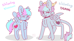 Size: 2560x1440 | Tagged: safe, artist:shinningblossom12, oc, oc only, oc:shinning blossom, species:demon pony, species:pegasus, species:pony, chest fluff, demon, duo, horn, leonine tail, one eye closed, original species, pegasus oc, simple background, smiling, white background, wings, wink