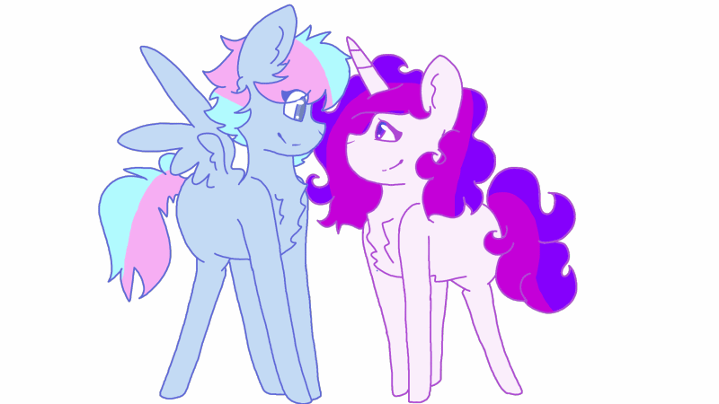 Size: 800x450 | Tagged: safe, artist:shinningblossom12, oc, oc only, oc:anasflow maggy, oc:shinning blossom, species:pegasus, species:pony, species:unicorn, animated, blushing, chest fluff, floppy ears, frame by frame, gif, horn, oc x oc, pegasus oc, shipping, simple background, smiling, unicorn oc, white background, wings