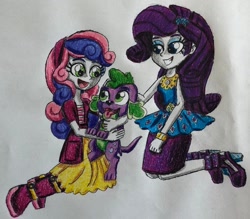 Size: 1024x897 | Tagged: safe, artist:bozzerkazooers, character:rarity, character:spike, character:spike (dog), character:sweetie belle, species:dog, my little pony:equestria girls, belle sisters, boots, clothing, dress, high heels, jacket, looking at each other, open mouth, petting, shoes, siblings, simple background, sitting, skirt, smiling, tongue out, traditional art, white background