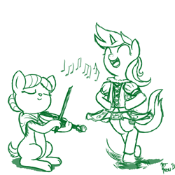 Size: 800x800 | Tagged: safe, artist:aa, character:lyra heartstrings, oc, species:deer, species:pony, species:unicorn, celtic, comic, cover, dancing, doe, duo, fiddle, irish, issue 4 cover, lyrish, monochrome, music notes, original species, simple background, white background