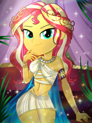 Size: 1800x2400 | Tagged: safe, artist:artmlpk, character:sunset shimmer, my little pony:equestria girls, adorable face, adorasexy, adorkable, alternate hairstyle, armlet, bare shoulders, beautiful, bedroom eyes, belly button, belly dancer, belly dancer outfit, bocas top, bracelet, breasts, chair, crown, curtains, cute, digital art, dork, egypt, egyptian, eyelashes, female, goddess, jewelry, lidded eyes, long hair, looking at you, necklace, palm tree, raised eyebrow, regalia, sexy, shimmerbetes, sideboob, sitting, smiling, smiling at you, solo, stupid sexy sunset shimmer, tree, watermark