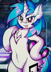 Size: 1454x2048 | Tagged: safe, artist:canvymamamoo, character:dj pon-3, character:vinyl scratch, species:pony, species:unicorn, belly button, bipedal, blep, blushing, chest fluff, cute, ear fluff, female, looking at you, mare, raised hoof, smiling, solo, sunglasses, tongue out, underhoof, vinylbetes