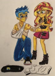Size: 2171x3009 | Tagged: safe, artist:bozzerkazooers, character:flash sentry, character:sunset shimmer, ship:flashimmer, my little pony:equestria girls, bandage, blushing, boots, bruised, clothing, female, jeans, male, pants, partial nudity, scratches, shipping, shoes, skirt, sling, sneakers, straight, topless, traditional art