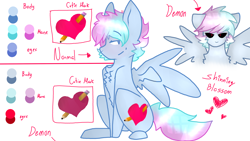 Size: 2560x1440 | Tagged: safe, artist:shinningblossom12, oc, oc only, oc:shinning blossom, species:pegasus, species:pony, black sclera, bust, chest fluff, duo, female, heart, mare, pegasus oc, reference sheet, spread wings, text, wings