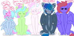 Size: 2960x1440 | Tagged: safe, artist:shinningblossom12, oc, oc only, oc:kiim, oc:kim, oc:meadow waves, oc:melody song, oc:shinning blossom, oc:sugar, species:pegasus, species:pony, species:unicorn, chest fluff, cross-popping veins, dialogue, eyes closed, female, frown, group, hair over eyes, horn, male, mare, one eye closed, pegasus oc, short, simple background, sitting, smiling, stallion, unamused, unicorn oc, white background, wings, wink