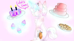 Size: 2560x1440 | Tagged: safe, artist:shinningblossom12, oc, oc only, species:pony, species:unicorn, cake, candle, chest fluff, cookie, cupcake, food, glowing horn, horn, magic, plate, talking, telekinesis, unicorn oc