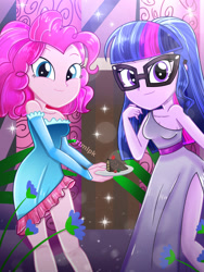 Size: 1800x2400 | Tagged: safe, artist:artmlpk, character:pinkie pie, character:twilight sparkle, character:twilight sparkle (scitwi), species:eqg human, my little pony:equestria girls, adorable face, adorasexy, adorkable, alternate hairstyle, bare shoulders, beautiful, cake, clothing, cute, digital art, door, dork, dress, duo, duo female, fashion, female, flower, food, grin, hair, holding, looking at you, outfit, party, plants, plate, sexy, short hair, smiling, smiling at you, twiabetes, watermark