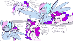 Size: 2560x1440 | Tagged: safe, artist:shinningblossom12, oc, oc only, oc:anasflow maggy, oc:shinning blossom, species:alicorn, species:pegasus, species:pony, species:unicorn, alicorn oc, blushing, dialogue, female, filly, fusion, horn, magical lesbian spawn, mare, oc x oc, offspring, one eye closed, pegasus oc, prone, shipping, simple background, smiling, unicorn oc, white background, wings, wink
