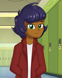 Size: 1753x2203 | Tagged: safe, artist:danielitamlp, character:capper dapperpaws, g4, my little pony: the movie (2017), my little pony:equestria girls, canterlot high, clothing, equestria girls-ified, green eyes, hallway, jacket, lockers, looking at you, male, smiling, solo