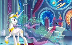 Size: 4000x2500 | Tagged: safe, artist:theroyalprincesses, character:princess celestia, character:princess luna, species:alicorn, species:pony, canterlot throne room, duo, female, goodnight, looking at each other, mare, royal sisters, smiling