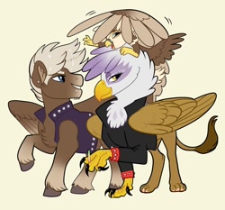 Size: 1024x956 | Tagged: safe, artist:loryska, character:dumbbell, character:gilda, oc, oc:halien, parent:dumbbell, parent:gilda, parents:gildabell, species:griffon, species:hippogriff, species:pony, clothing, female, gildabell, hybrid, interspecies, interspecies offspring, male, offspring, shipping, straight