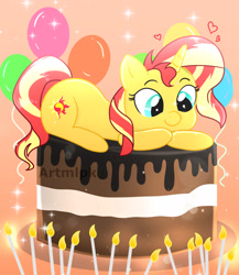 Size: 2599x3000 | Tagged: safe, artist:artmlpk, character:sunset shimmer, species:pony, species:unicorn, adorable face, adorkable, balloon, beautiful, birthday, cake, candle, chocolate, chocolate cake, cute, cutie mark, dessert, dork, equestria girls ponified, female, food, happy birthday, heart, looking down, mare, ponified, prone, shimmerbetes, simple background, solo, watermark