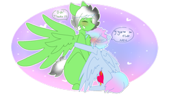 Size: 2560x1440 | Tagged: safe, artist:shinningblossom12, oc, oc only, oc:drawing, oc:shinning blossom, species:pony, blushing, chest fluff, dialogue, female, fluffy, hug, male, mare, oc x oc, shipping, simple background, stallion, transparent background