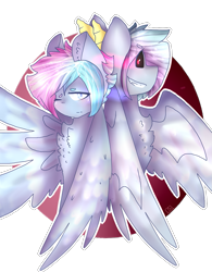 Size: 979x1255 | Tagged: safe, artist:shinningblossom12, oc, oc only, species:demon pony, species:pegasus, species:pony, black sclera, bust, chest fluff, demon, duality, female, grin, horns, mare, one eye closed, original species, pegasus oc, simple background, smiling, sombra eyes, transparent background, wings, wink