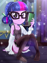 Size: 1800x2400 | Tagged: safe, artist:artmlpk, character:twilight sparkle, character:twilight sparkle (scitwi), species:eqg human, my little pony:equestria girls, adorable face, adorasexy, adorkable, alternate hairstyle, bare chest, bare shoulders, beautiful, book, breasts, cleavage, clothing, coat, confused, cute, digital art, dork, female, glasses, hair bun, lab coat, looking at you, nerd, sexy, shirt, shorts, sitting, smiling, smiling at you, socks, solo, studying, t-shirt, thigh highs, thighs, watermark