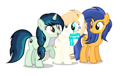 Size: 1260x788 | Tagged: safe, artist:razorbladetheunicron, base used, oc, oc only, oc:lanoga, oc:molasses curry, oc:scoop, species:earth pony, species:pegasus, species:pony, species:unicorn, bracelet, clothing, hairband, jewelry, pencil, pencil behind ear, scarf, simple background, transparent background, trio