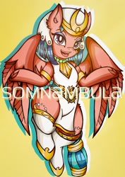 Size: 1448x2048 | Tagged: safe, alternate version, artist:canvymamamoo, character:somnambula, species:pegasus, species:pony, g4, clothing, ear fluff, eyeshadow, female, looking at you, makeup, mare, open mouth, simple background, smiling, socks, solo, text, thighs, thunder thighs, underhoof, yellow background