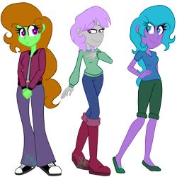 Size: 2000x2000 | Tagged: safe, artist:chelseawest, oc, oc:moonlit painter, oc:painted petal, oc:scribbles, my little pony:equestria girls, boots, clothing, female, high res, pants, shoes, simple background, transparent background