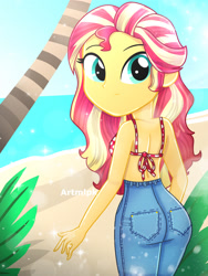 Size: 1800x2400 | Tagged: safe, artist:artmlpk, character:sunset shimmer, my little pony:equestria girls, adorable face, adorasexy, adorkable, alternate hairstyle, ass, bare shoulders, beach, beautiful, bikini, bikini top, bunset shimmer, butt, clothing, confused, cute, denim, digital art, dork, female, hair, jeans, looking at you, ocean, palm tree, pants, plant, sand, sexy, shimmerbetes, smiling at you, solo, swimsuit, tree, water, watermark