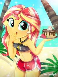 Size: 1800x2400 | Tagged: safe, artist:artmlpk, character:sunset shimmer, my little pony:equestria girls, adorable face, adorasexy, adorkable, alternate hairstyle, bare chest, beach, beautiful, beautisexy, bikini, bikini top, blushing, board shorts, cake, chocolate, chocolate cake, clothing, cute, dessert, digital art, dork, female, finger in mouth, food, fruit, licking, looking at you, multicolored hair, ocean, palm tree, plants, plate, sand, sexy, shimmerbetes, shorts, side slit, sky, sleeveless, solo, sparkles, strawberry, swimsuit, teal eyes, thighs, tongue out, tree, water, watermark, yellow skin