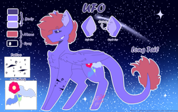 Size: 1933x1222 | Tagged: safe, artist:shinningblossom12, oc, oc only, oc:ufo, species:bat, species:pegasus, species:pony, chest fluff, ear piercing, earring, grin, jewelry, leonine tail, male, night, pegasus oc, piercing, reference sheet, shooting star, smiling, solo, stallion, stars, text, wings