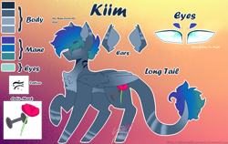 Size: 1933x1222 | Tagged: safe, artist:shinningblossom12, oc, oc only, oc:kiim, species:pegasus, species:pony, chest fluff, eye, eyes, hair over eyes, leonine tail, male, pegasus oc, reference sheet, solo, stallion, text, wings