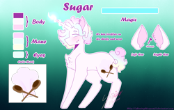 Size: 1933x1222 | Tagged: safe, artist:shinningblossom12, oc, oc only, oc:sugar, species:pony, species:unicorn, chest fluff, ears, glowing horn, gradient background, grin, horn, male, smiling, solo, stallion, text, unicorn oc
