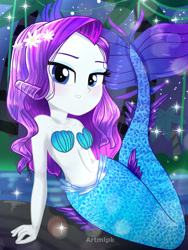 Size: 1800x2400 | Tagged: safe, artist:artmlpk, character:rarity, my little pony:equestria girls, adorable face, adorasexy, adorkable, alternate hairstyle, bare chest, bare shoulders, beautiful, blushing, cute, digital art, dork, female, flower, flower in hair, island, lidded eyes, looking at you, mermaid, mermaidized, mermarity, ocean, palm tree, plant, raribetes, rock, seashell, seashell bra, sexy, sitting, sleeveless, smiling, smiling at you, solo, species swap, tail, tree, water, watermark, wet hair