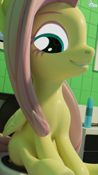 Size: 1080x1920 | Tagged: safe, artist:quicktimepony, character:fluttershy, species:pegasus, species:pony, 3d, air freshener, bathroom, blender, female, happy, implied pooping, looking back, nintendo switch, signature, sitting, sitting on toilet, solo, toilet